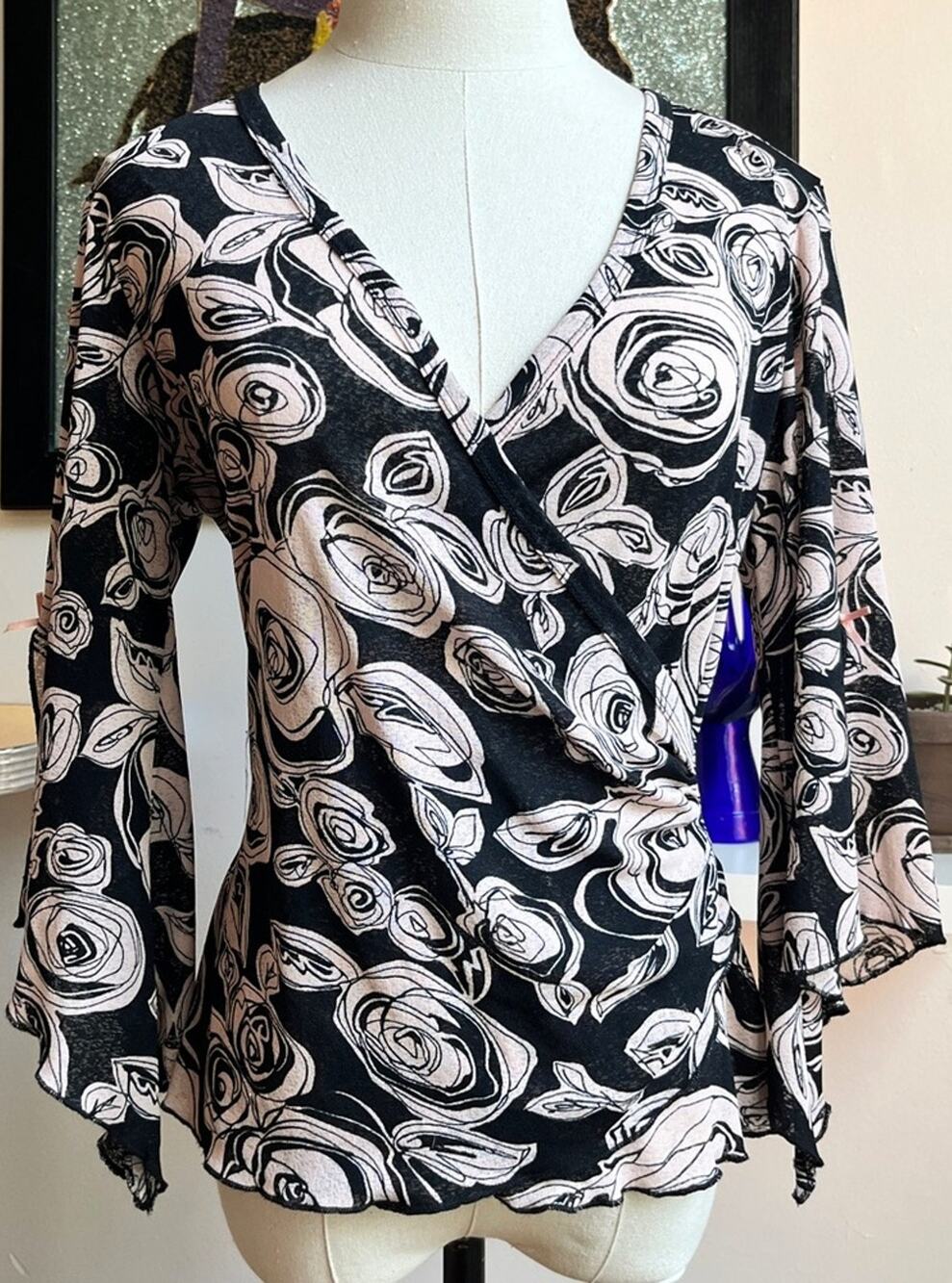 Y2K Floral Wrap Top | Pink Rose Print Mesh Blouse | Flared Sleeve | Size L